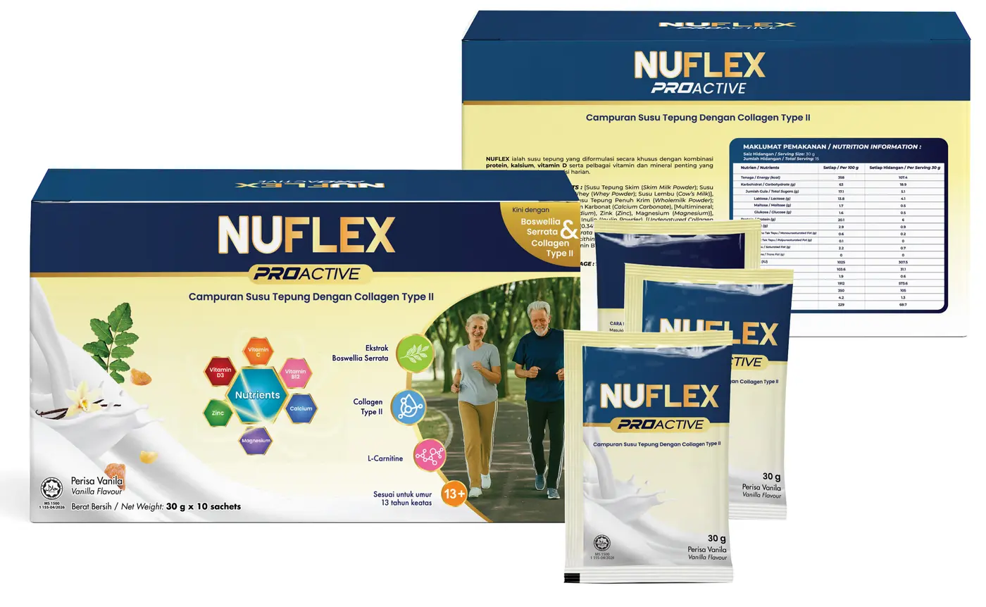 Kotak NUFLEX ProActive bahagian depan dan belakang bersama sachet 30g perisa vanila. Campuran susu tepung dengan Collagen Type II, kini dengan Boswellia Serrata.