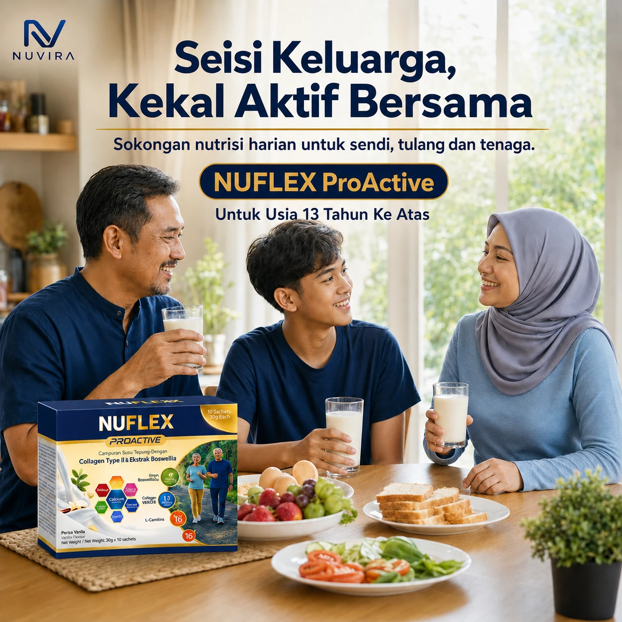Keluarga minum NUFLEX ProActive bersama di meja makan. Poster: Seisi keluarga, kekal aktif bersama. Untuk usia 13 tahun ke atas.